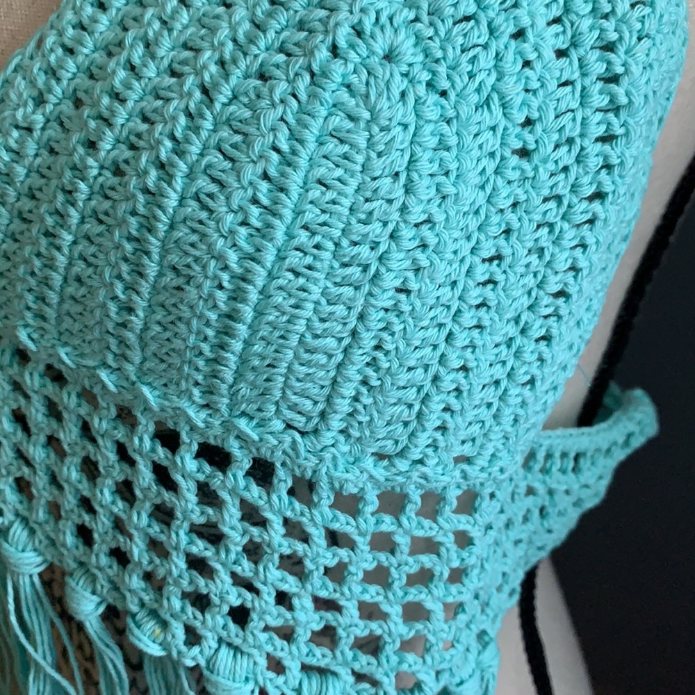 Mint Blue Fringe Hem Crochet Tie Top - Picture 6 of 13